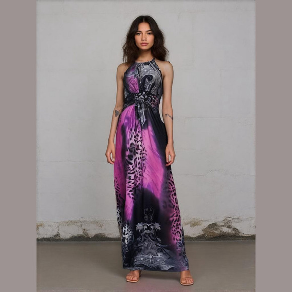 Vintage Y2K Halter Maxi Dress Pink Leopard Medium - Picture 1 of 11